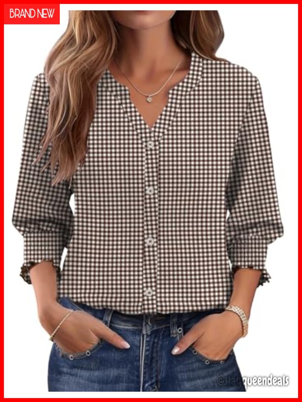 Womens 3/4 Sleeve Button Down Blouse Smocked Cuff V-Neck Business Casual Top